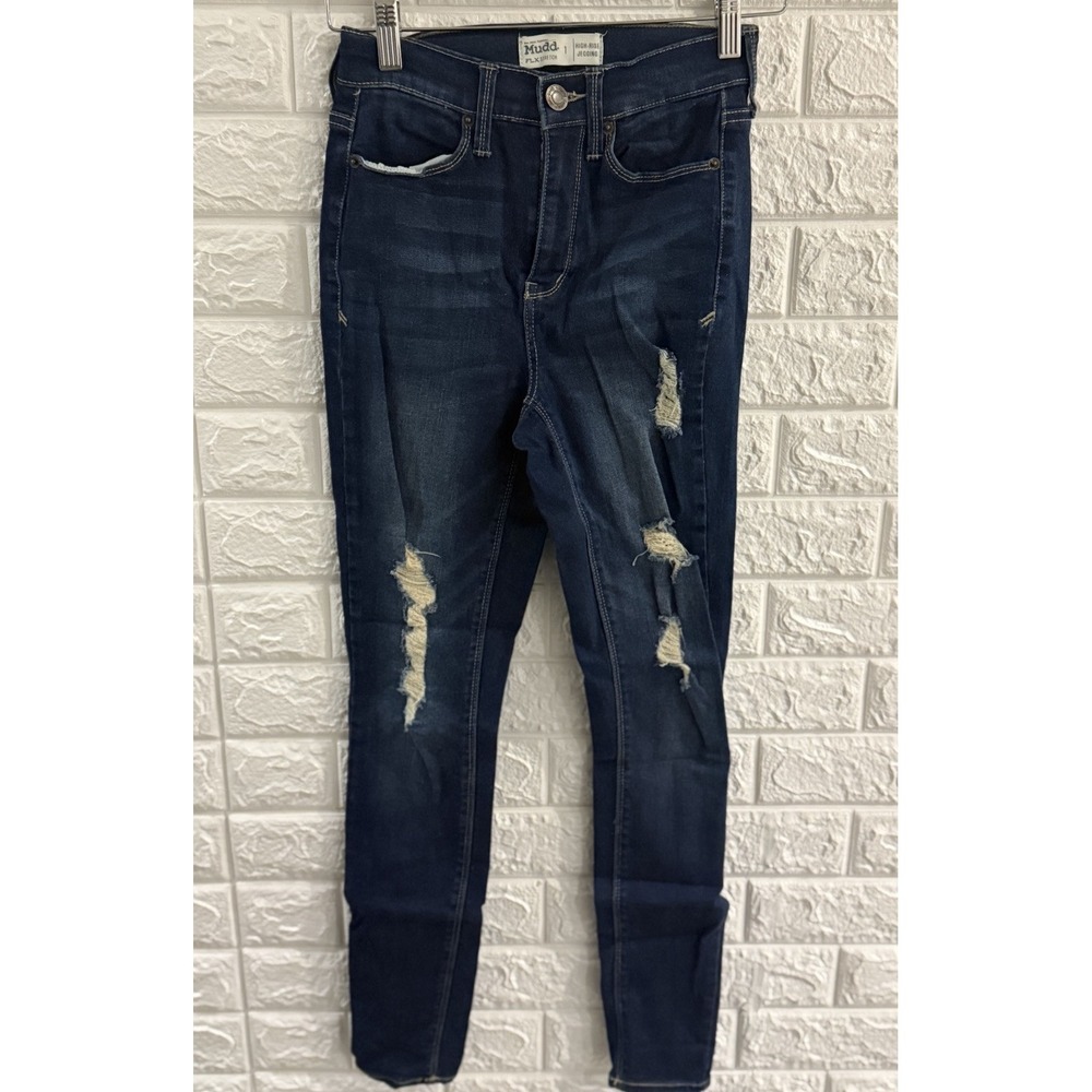 MUDD WOMENS JEANS SIZE 1 HIGH RISE JEGGING FLX STRETCH DISTRESSED DARK‎ WASH